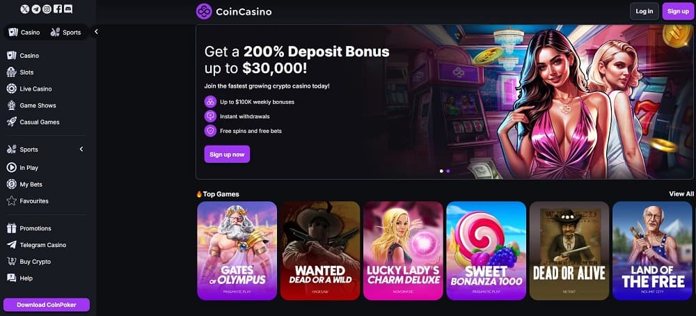 CoinCasino-Sportwettne Schweiz - Startseite mit 200% Einzahlungsbonus bis zu 30.000 $ und beliebten Spielen wie Gates of Olympus.